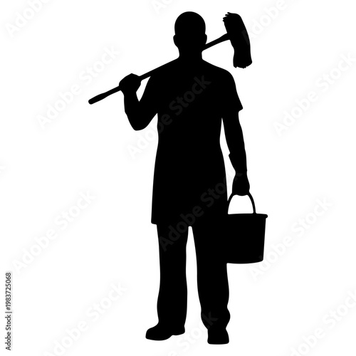 Silhouette of a cleaner holding a mop and bucket.
