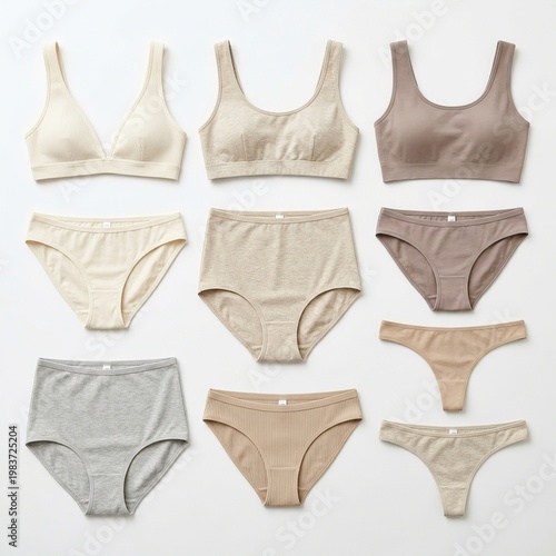 Set of Neutral Colored Women's Bras and Panties in Minimalist Flat Lay