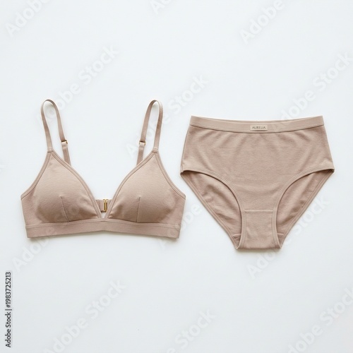 Beige Women's Lingerie Set Bra and Panties in Minimalist Style on White Background
