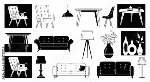 Collection of Modern and Classic Furniture Pieces in Sketch Style.