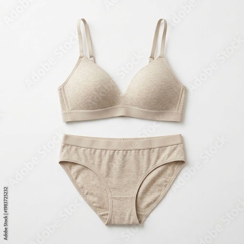 Beige Women's Bra and Panties Set Soft Comfortable Lingerie on White Background