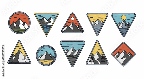 Collection of Mountain Landscape Badges and Emblems for Outdoor Adventures.