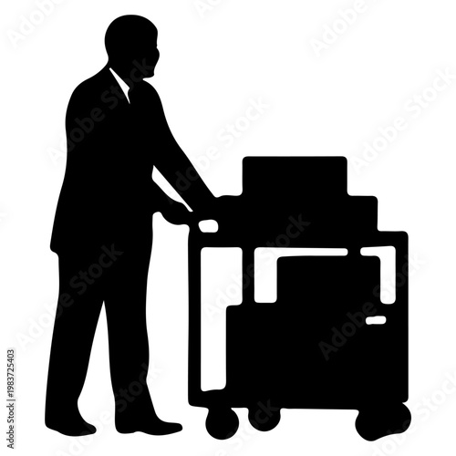 Silhouette of a businessman pushing a luggage cart with boxes.