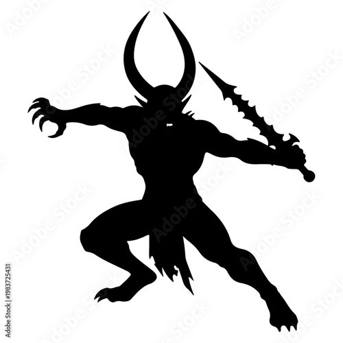 Silhouette of a Demon Warrior with Horns and Sword.