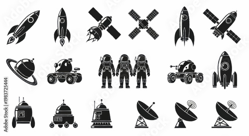 Collection of Space Exploration Elements and Astronauts in Silhouette.