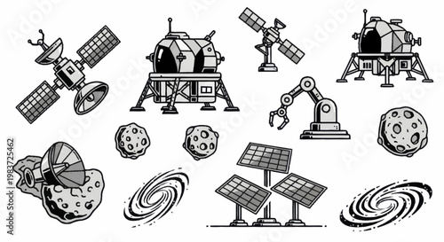 Collection of Space Exploration Elements and Celestial Bodies.