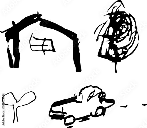 Monochrome pen drawing of a set of a house, tree, sprout and car