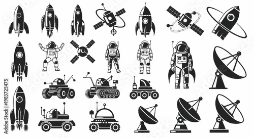 Collection of space exploration elements including rockets, astronauts, and satellites.
