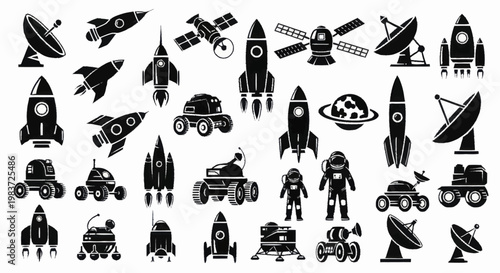 Collection of Space Exploration Elements - Rockets, Satellites, and Astronauts.