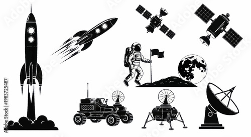 Collection of space exploration elements including rockets, satellites, and an astronaut on the moon.