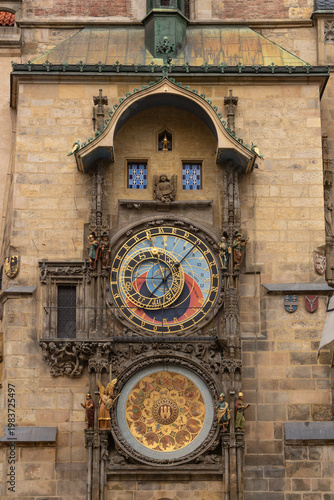 Detailed vertical view of the historical medieval Astronomical Clock Orloj at the Old Town Hall