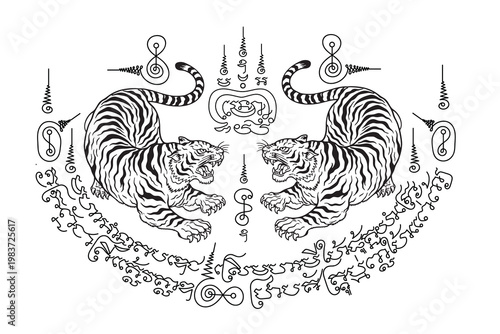 Thai traditional tattoo, two tigers (Sueu Khu). ancient incantations to provide strength and ward off evil spirits.