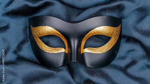 Elegant Black Masquerade Mask with Textured Gold Accents on Silky Blue Fabric