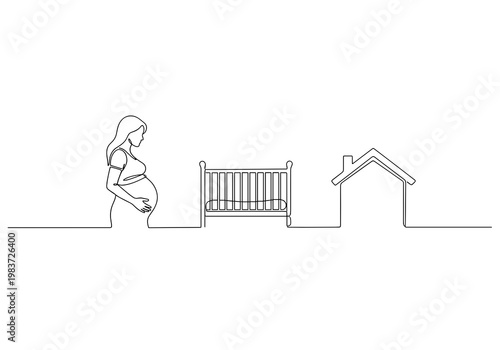 Pregnancy planning family home concept with crib and house real estate line icon