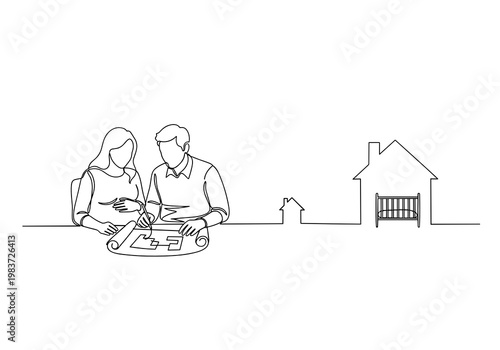 Home planning concept with couple discussing house purchase real estate line icon