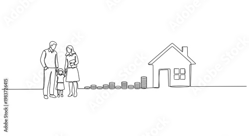 Family saving for home purchase with house and coins real estate line icon