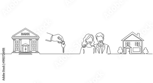 Mortgage approval concept with bank keys and family buying home line icon