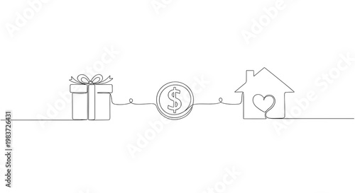 Home investment concept with money gift and house real estate line icon