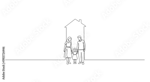 Young family with child standing in front of home real estate line icon