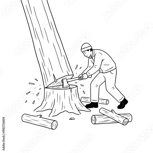 A minimalist black and white line art illustration of a woodcutter felling a tree using a hand axe, including scattered logs and a stump.
