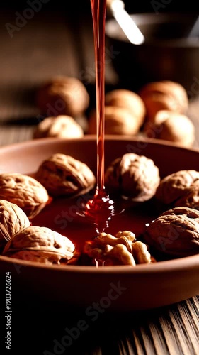 Honey pouring on walnuts in a bowl on a table