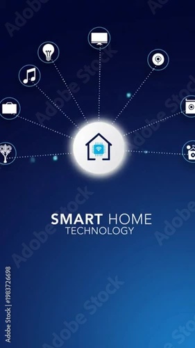 Smart home technology concept with icons on blue background