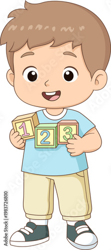 Cute boy holding number blocks for early math education illustration