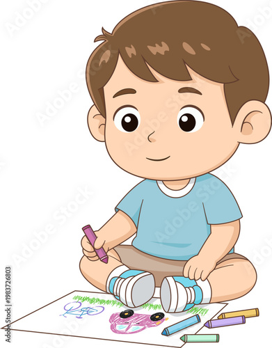 Cute boy drawing with crayons for early childhood education illustration