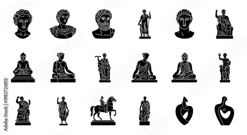 20 Black and White Statue Icons, Ancient Busts, Historical Figures, Vector Illustrations