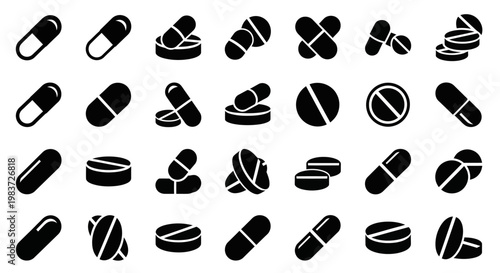 Black and white pharmaceutical icons, medicine symbols, pill graphics, 25 capsule illustrations, drug design elements