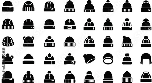 Black hat icons, winter hat set, 40 hat silhouettes, vector hat collection
