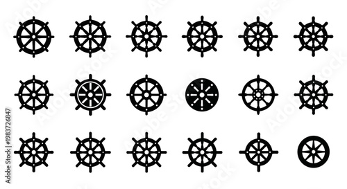 Nautical ship wheel icons, steering wheel symbols, navigation wheel graphics, 16 black vector icons