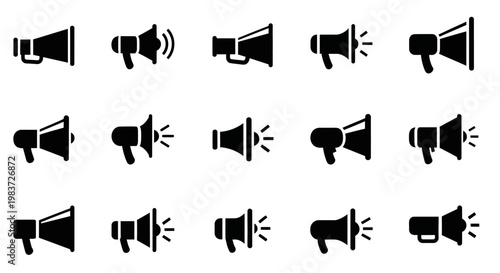 Black megaphone icons, loudspeaker symbols, sound amplifier signs, communication graphics, 16 vector graphics