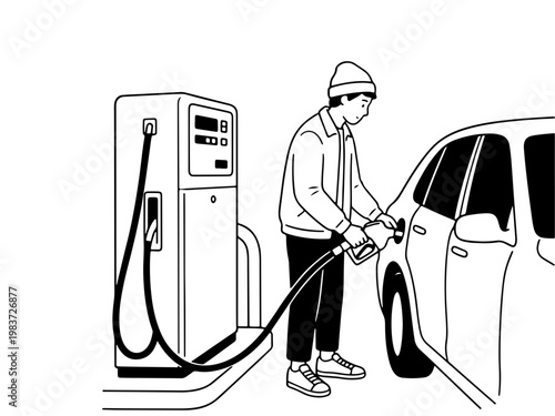 A simple black and white line drawing featuring a person in a beanie refueling their sedan at a petrol station pump. Ideal for automotive and energy-related concepts.
