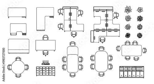 top view of modern office furniture layouts and plants for architectural design