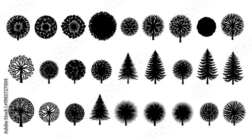 tree silhouettes and diverse plant symbols in black and white vector format perfect for architectural plans landscape design and graphic assets.