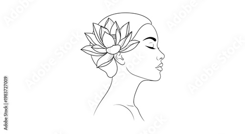 woman with lotus flower profile line art drawing for spiritual meditation and natural beauty concept
