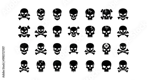 Black skulls, skull icons, crossbones, pirate symbols, 28 black vector icons, death symbols, warning signs
