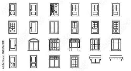 collection of doors and windows designs vector outline icons