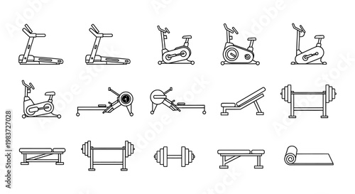 collection of line art icons for gym and fitness equipment