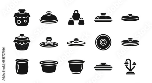 Black kitchenware icons, cooking utensil set, 15 ceramic dish symbols, restaurant crockery collection, flat design elements