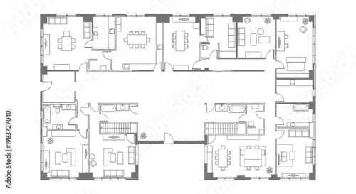 modern architectural floor plan design detailing a multi-unit residential building layout blueprint for property development