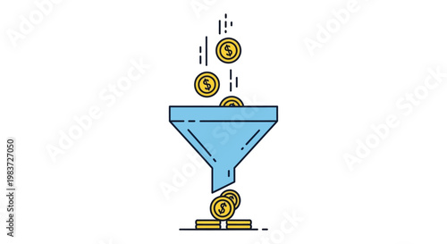 money funnel and dollar coins falling through a blue funnel illustrating a sales process and financial strategy for income generation