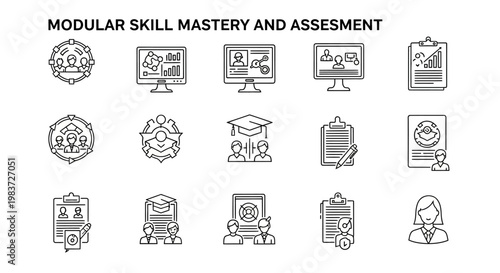 modular skill mastery and assessment line icons illustrating online learning professional development and education technology concepts.