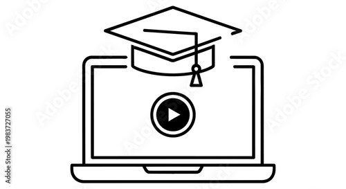 online education concept with a graduation cap placed on an open laptop screen symbolizing distance learning and academic achievement.
