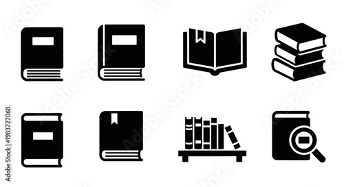 Book icons, black book illustrations, book set, educational symbols, vector graphics