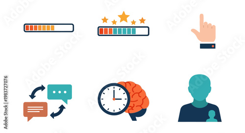 progress communication success time management and user profile flat design icons for business and personal development concepts.