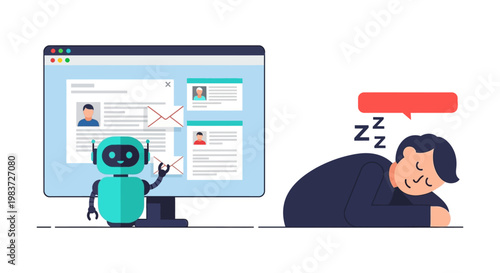 robot automation artificial intelligence and efficiency handle digital tasks while a person sleeps illustrating future of work.