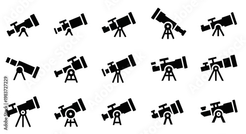 Telescope icons, astronomy symbols, black vector set, 12 telescope illustrations, space exploration graphics