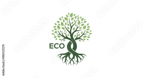 Stylized Eco Tree Logo with Roots and Leaves.